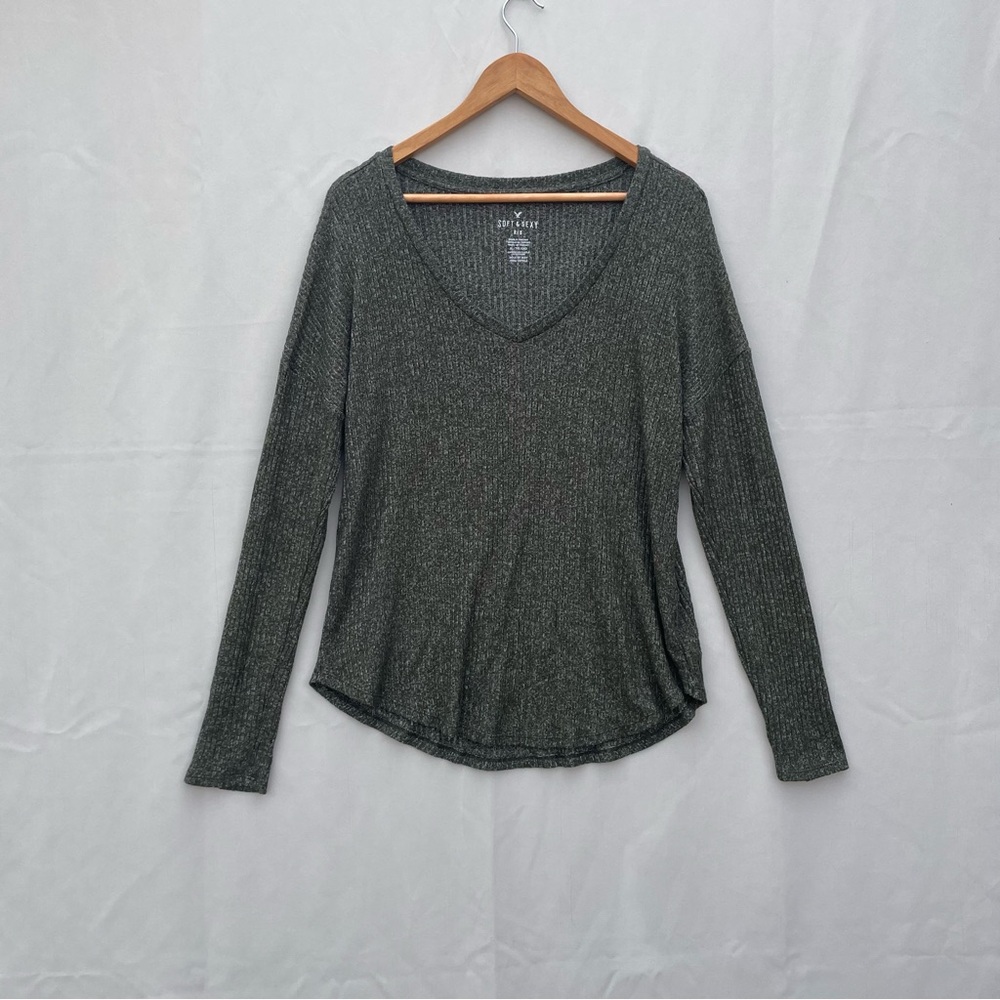 American Eagle Women's Soft & Sexy Ribbed Long Sleeve Top – Olive Green, XL, EUC